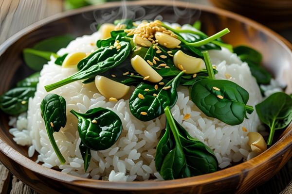 Ingredientes para el arroz con espinacas y ajo