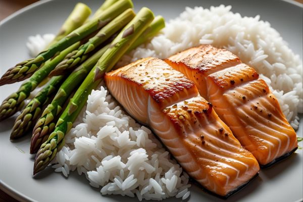 Ingredientes para el arroz con salmón y espárragos