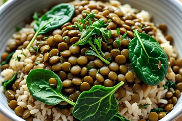 Ingredientes para el arroz con lentejas y espinacas