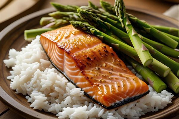 Ingredientes para el arroz con salmón y espárragos