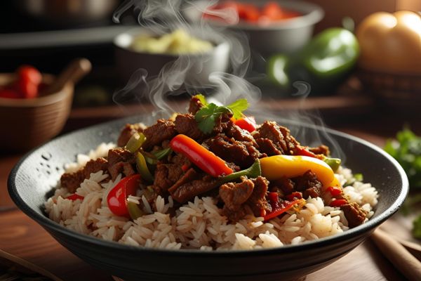 ingredientes para el arroz con carne y pimientos