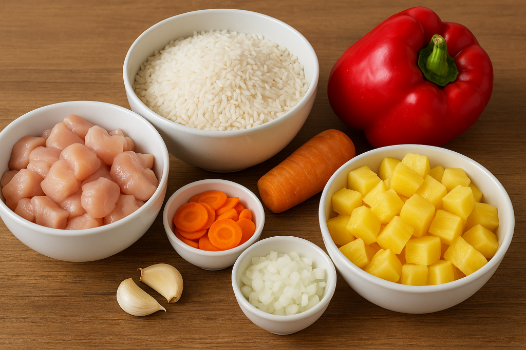 Ingredientes frescos para arroz con pollo y piña