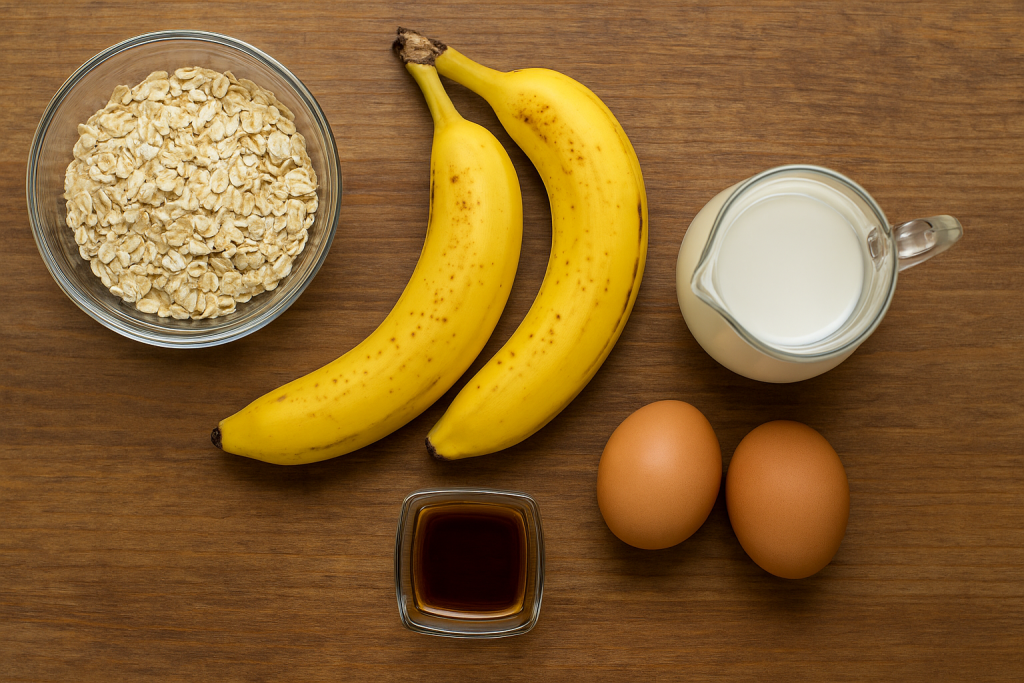 Ingredientes frescos para panqueques de avena y plátano