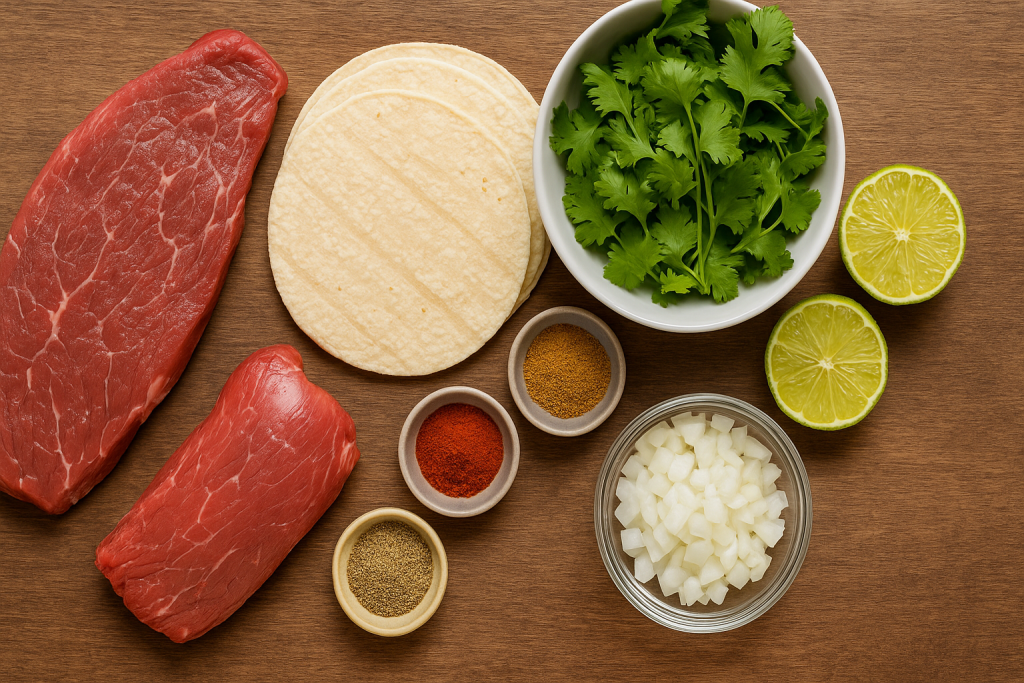 Ingredientes frescos para tacos de carne asada