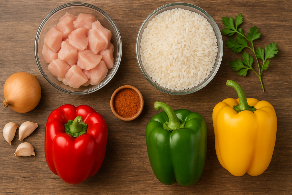 Ingredientes para arroz con pollo y pimientos