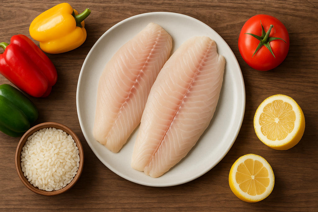 Ingredientes frescos para arroz con pescado al horno