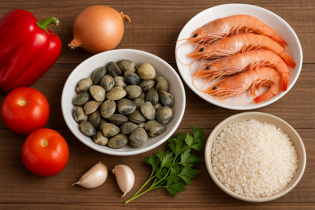 Plato de arroz con almejas y gambas casero servido en mesa