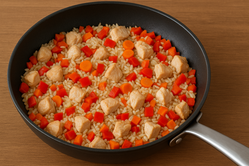 Arroz con pollo y verduras antes de agregar la piña