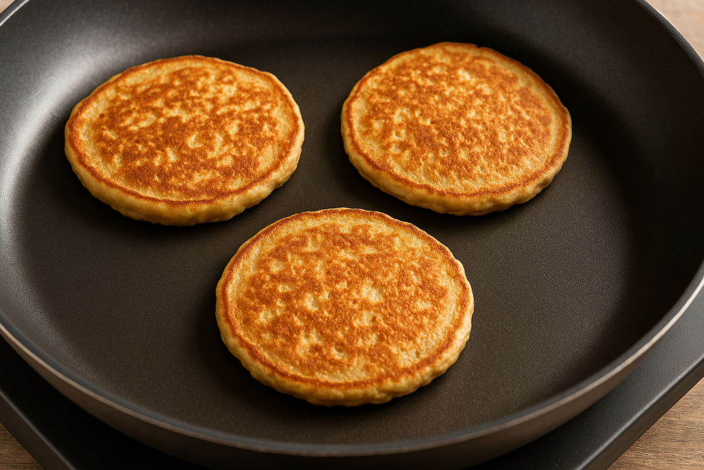 Panqueques de avena y plátano cocinándose en sartén