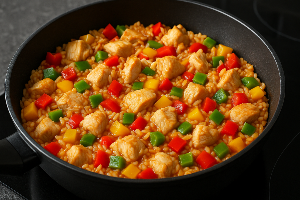 Arroz con pollo y pimientos en preparación