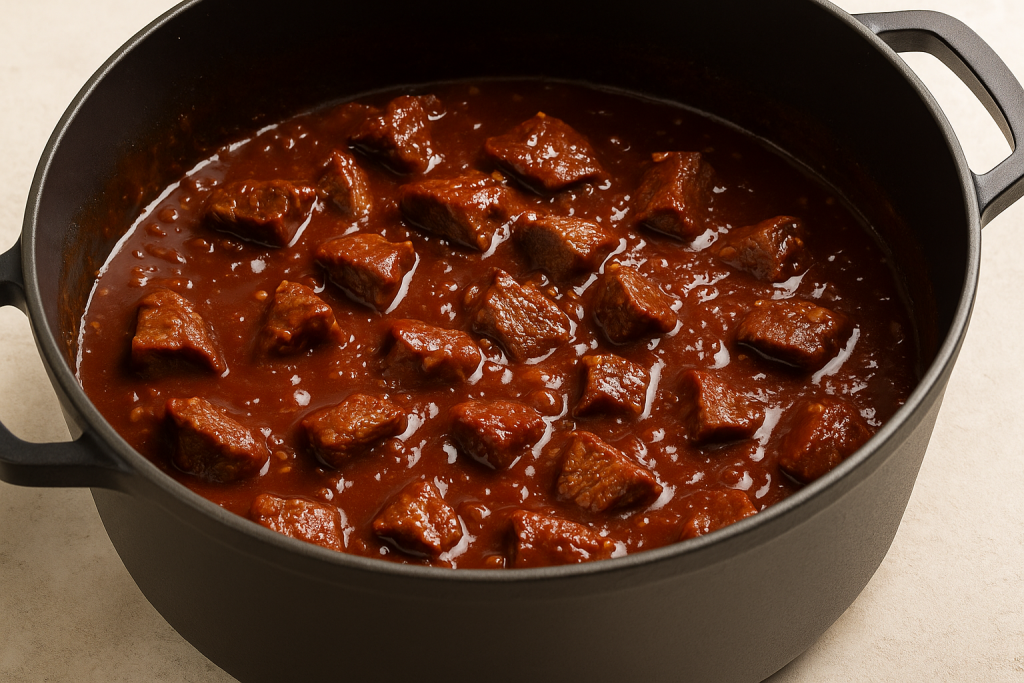 Carne en salsa barbacoa cocinándose en olla