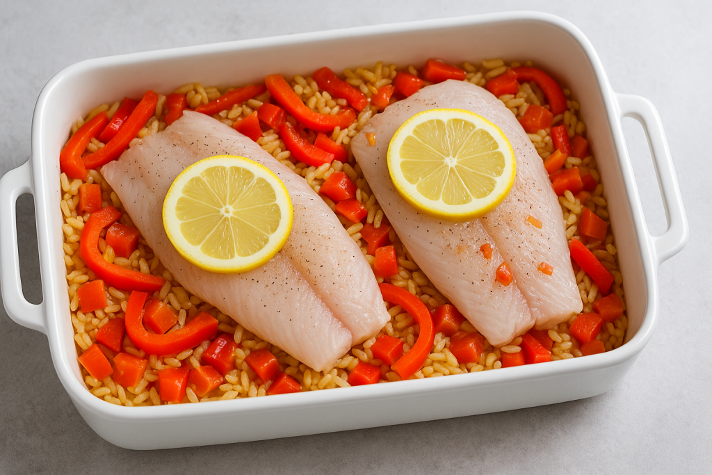 Preparación de arroz con pescado al horno antes de cocinar