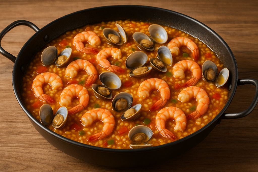 Ingredientes frescos para arroz con almejas y gambas