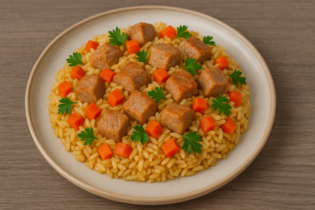 Plato de arroz con carne de cerdo servido y decorado