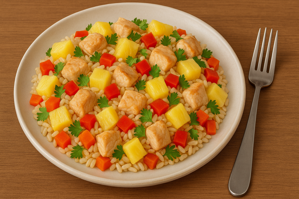 Arroz con pollo y piña servido con decoración fresca