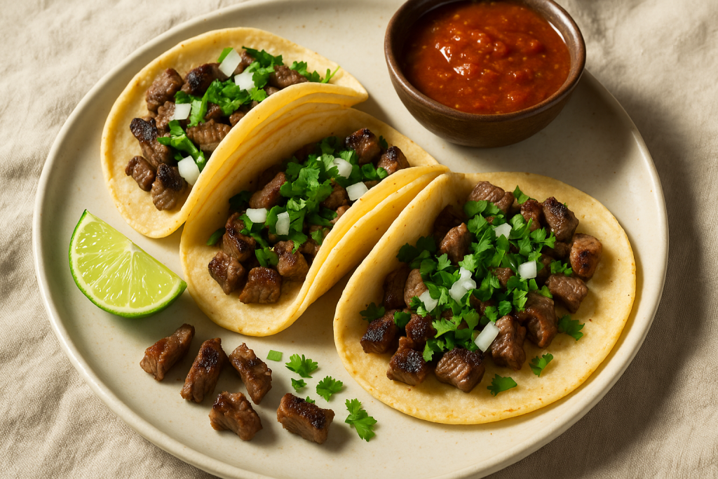 Tacos de carne asada servidos con limón y salsa