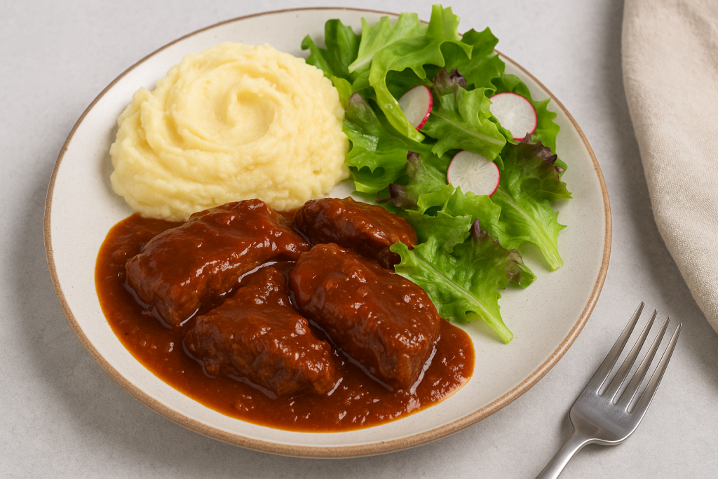 Carne en salsa barbacoa casera servida con arroz blanco