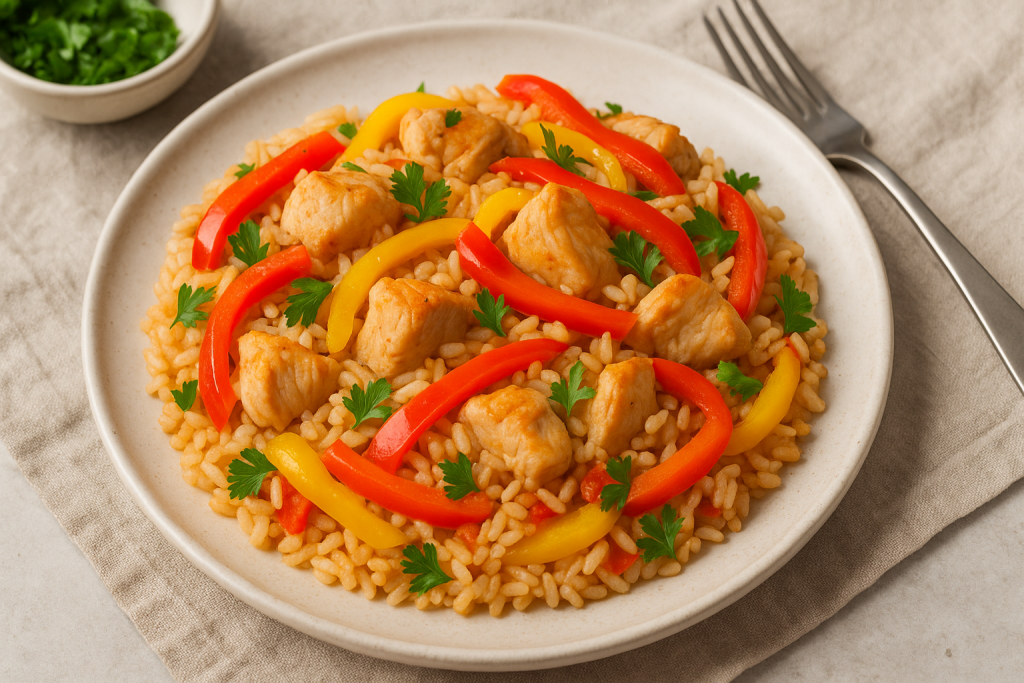Arroz con pollo y pimientos servido y decorado