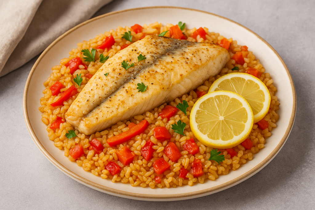 Plato servido de arroz con pescado al horno decorado con perejil fresco
