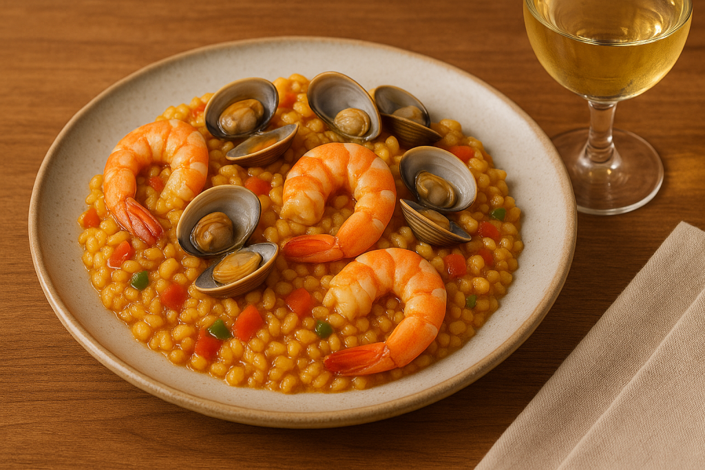 Arroz con almejas y gambas cocinándose en paellera