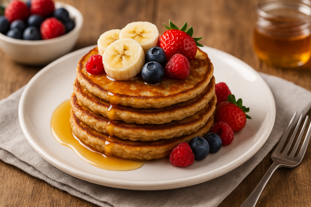 Panqueques de avena y plátano servidos con frutas y miel